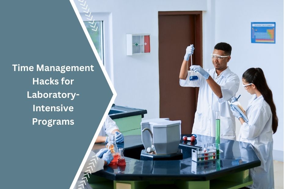 A student in a laboratory managing time effectively while conducting experiments