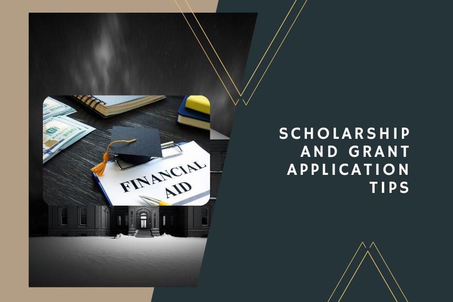 A student filling out a scholarship application form with a laptop and financial aid documents on a desk