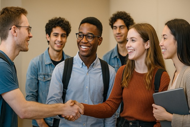 Students networking with professors and peers on campus