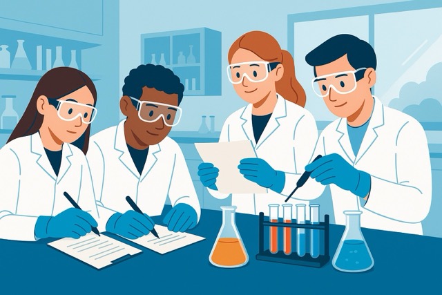 Students working carefully in a STEM lab while wearing safety gear and taking notes