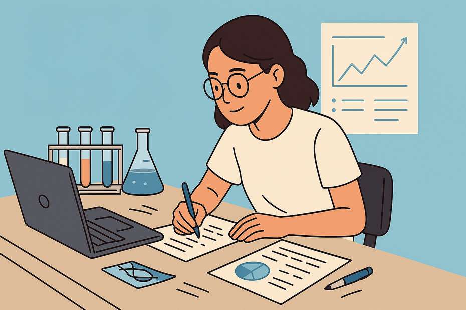 Student working in a research lab with notes, computer, and scientific tools