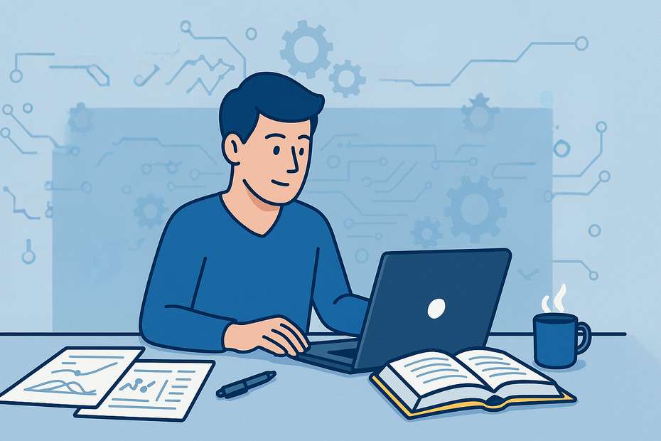 STEM professional at a workstation exploring online courses and tech journals