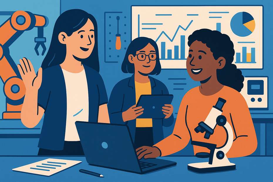 Diverse group of women collaborating on a STEM project in a lab setting