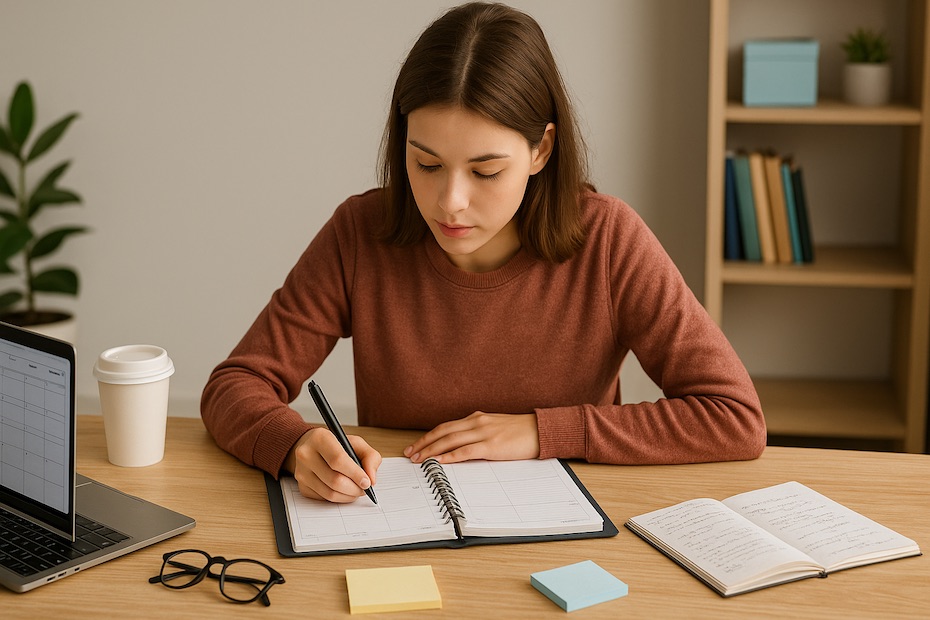 College student using planner and laptop at an organized desk.