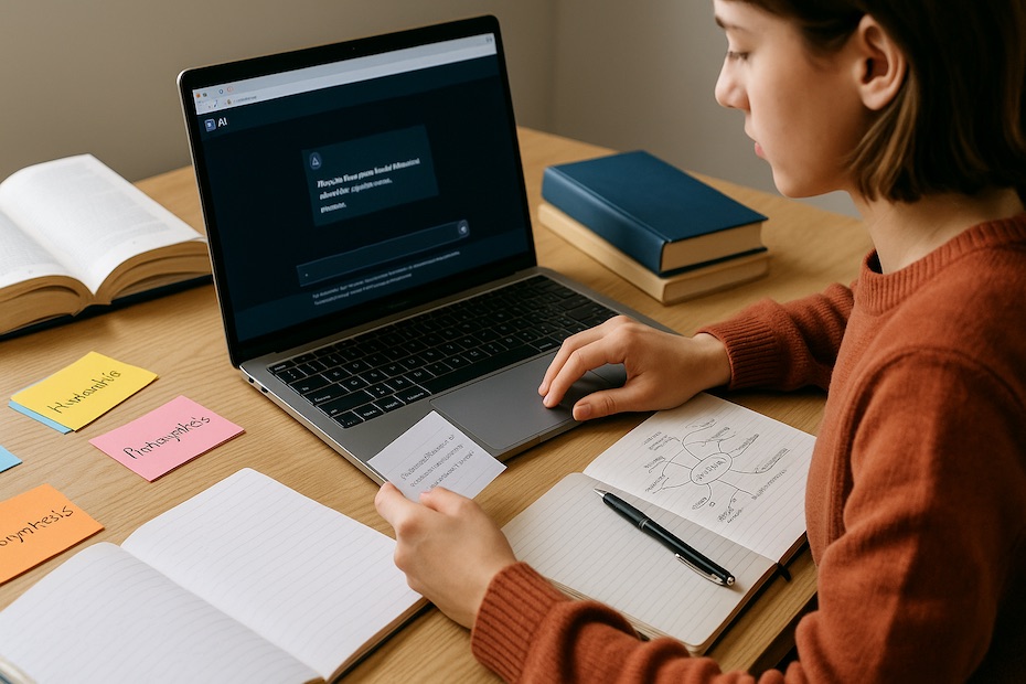 Student using AI-powered study tools with laptop, textbooks, and flashcards.