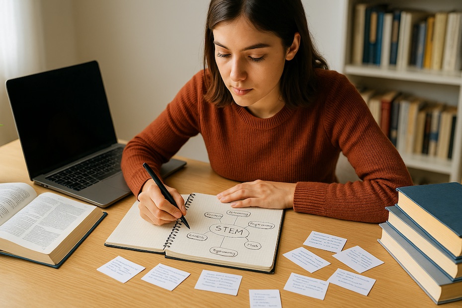 STEM student using concept map and flashcards while studying at a clean desk.