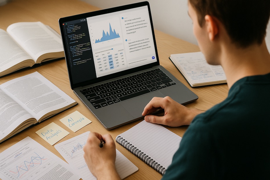 STEM graduate using a laptop with charts, code, and notes visible.