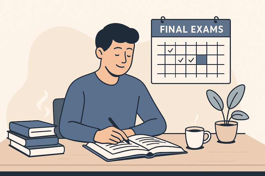 A student calmly preparing for exams with books, a calendar, and a cup of tea, symbolizing stress-free study techniques.