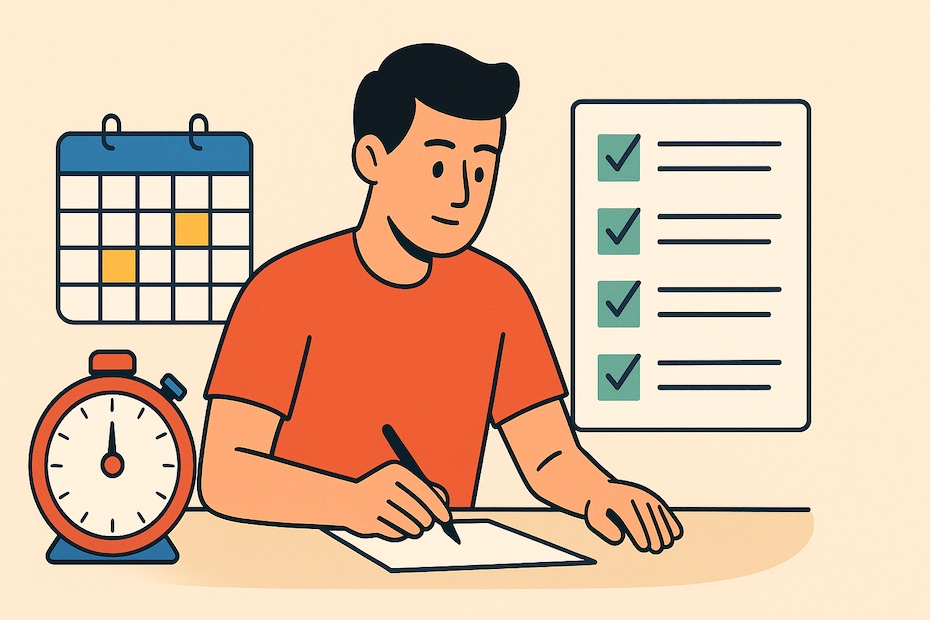 A person using a timer, calendar blocks, and checklists to represent productivity methods that help beat procrastination.