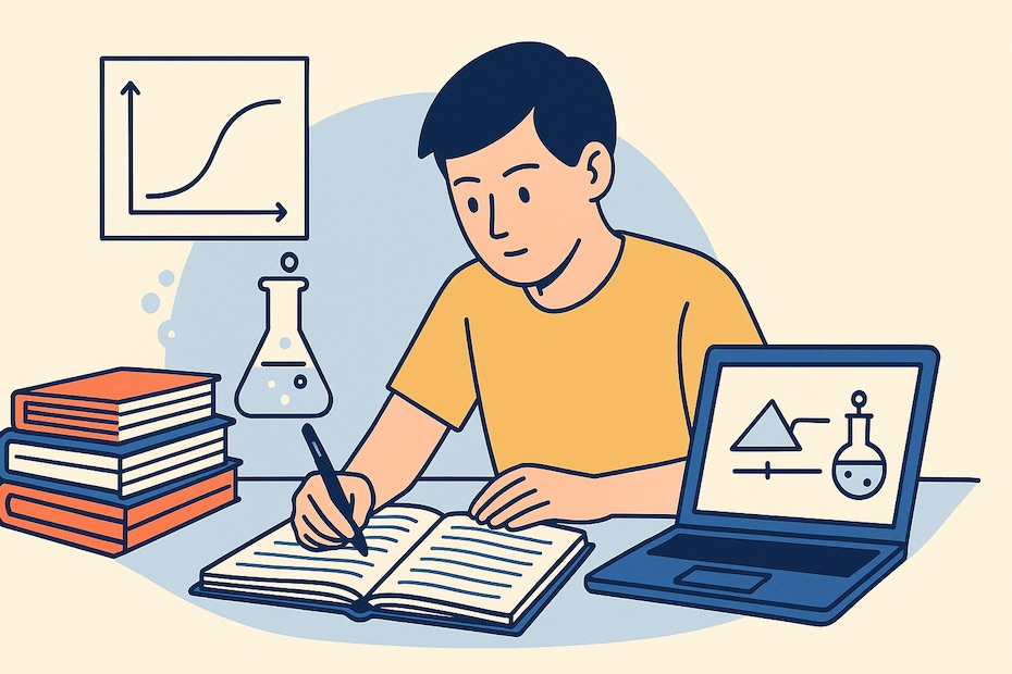 Flat-style illustration of a student taking lecture notes on paper and a laptop, surrounded by books, diagrams, and lab equipment.