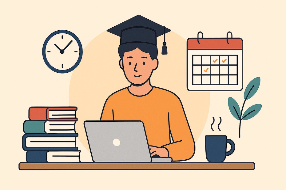 A graduate student balancing academic work and personal life, surrounded by books, a laptop, and a calendar.