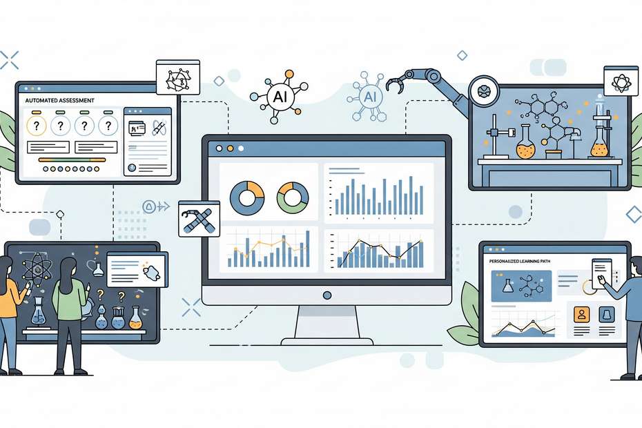 A professional illustration of students engaging with AI-powered dashboards, virtual labs, and adaptive platforms in STEM education