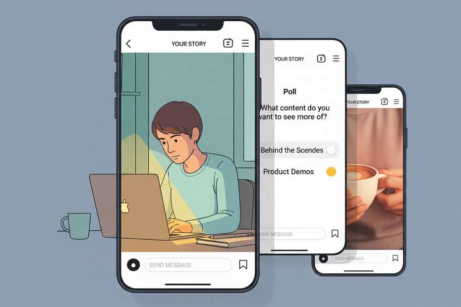 Person using Instagram Stories to share behind-the-scenes content and interact with followers through polls, questions, and casual updates.