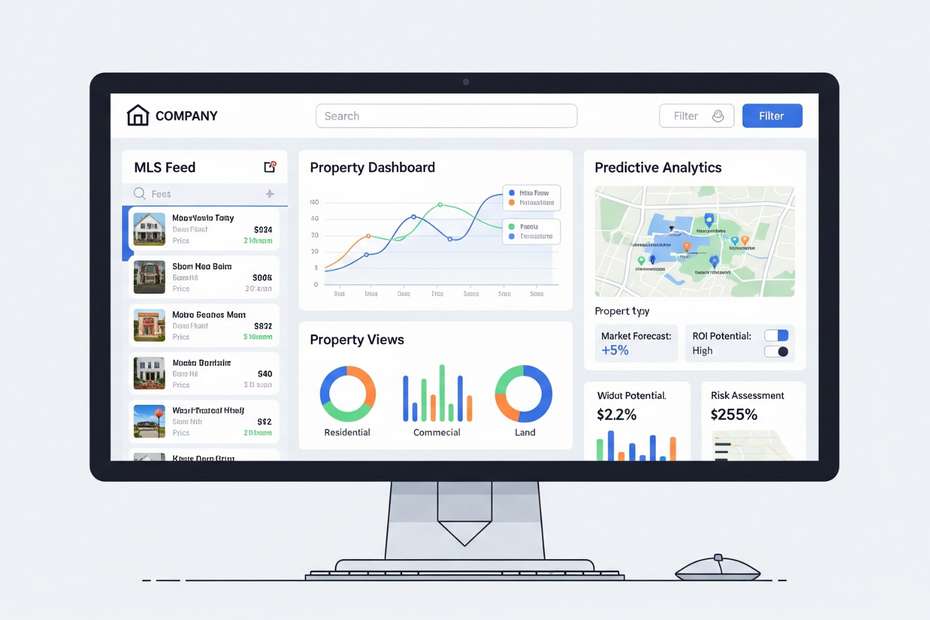 Professional real estate software dashboard customized with MLS data, property management, CRM automation, and analytics.