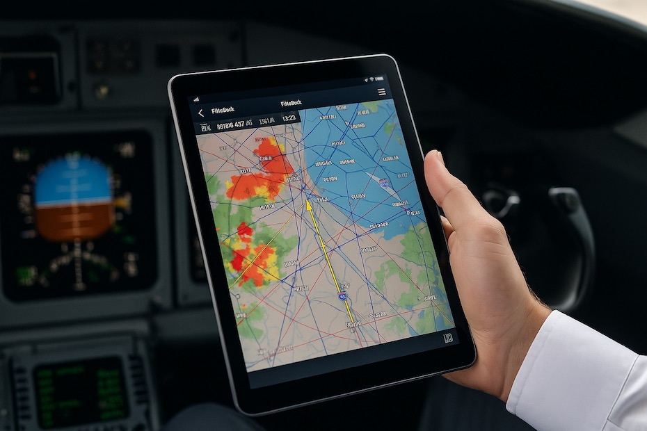 A pilot using Jeppesen FliteDeck Pro on a tablet in the cockpit to view live charts and traffic data.