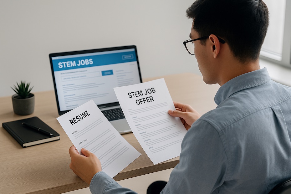 A young professional reviewing a STEM job offer and resume at a modern desk.