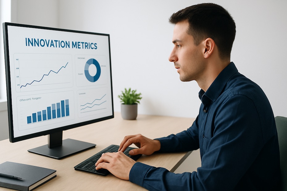 A professional STEM graduate analyzing innovation metrics on a digital dashboard.