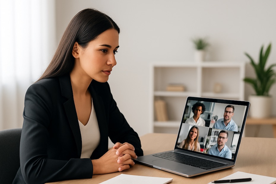 A professional participating in a focused virtual meeting on a laptop, maintaining engagement with colleagues.