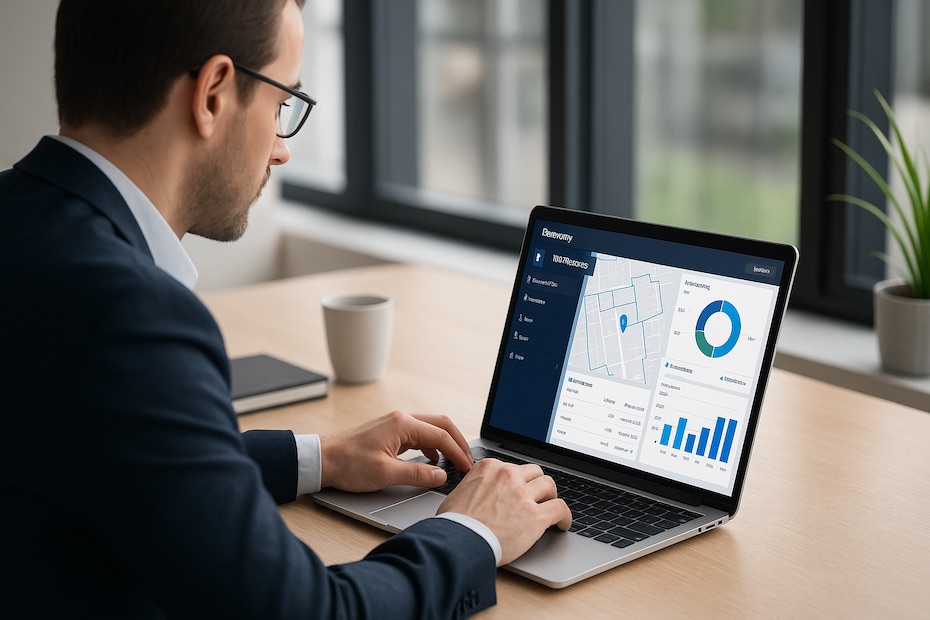 A commercial real estate investor analyzing Reonomy data on a laptop in a modern office environment.