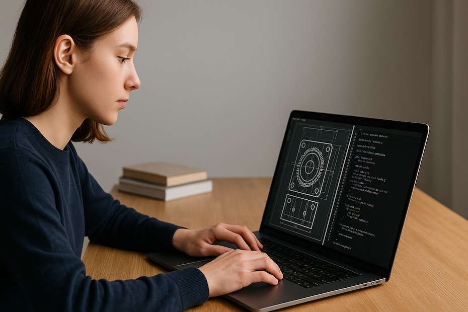 A focused STEM student building a digital portfolio on a laptop with engineering diagrams and coding visuals.