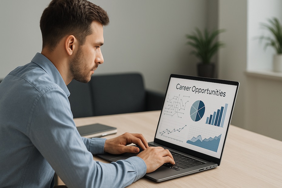 A STEM professional analyzing new career opportunities on a laptop with charts and data visuals in a modern workspace.