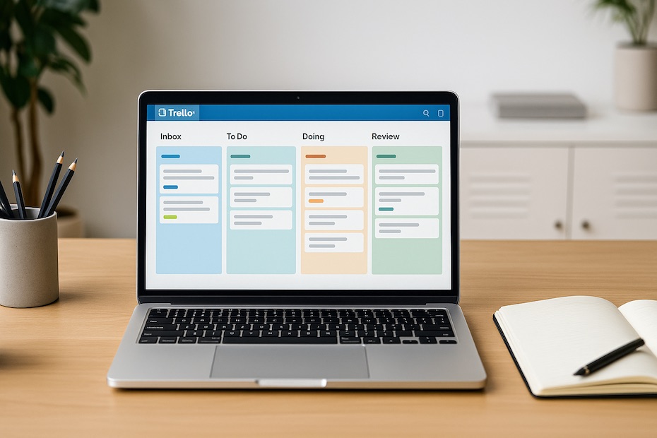 Professional workspace featuring a Trello board on a laptop screen with organized task lists and visual workflows.
