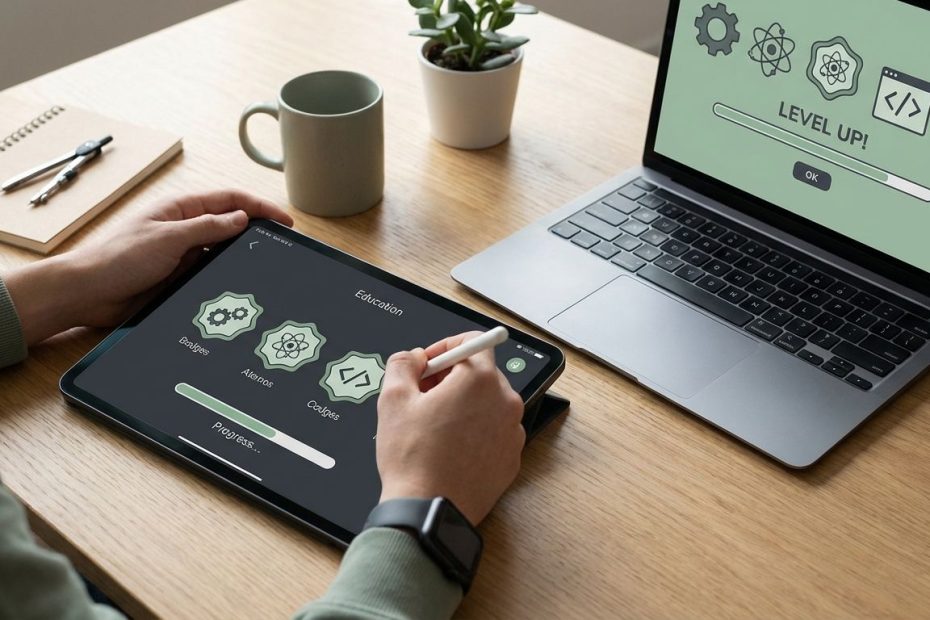 Student using a tablet with gamified STEM learning apps and math and science icons on screen