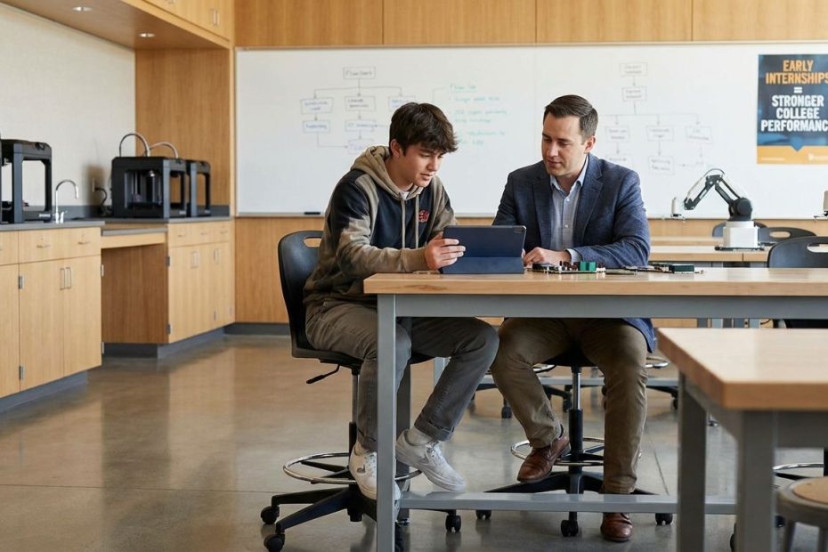High school STEM intern working with a mentor on a laptop in a science lab