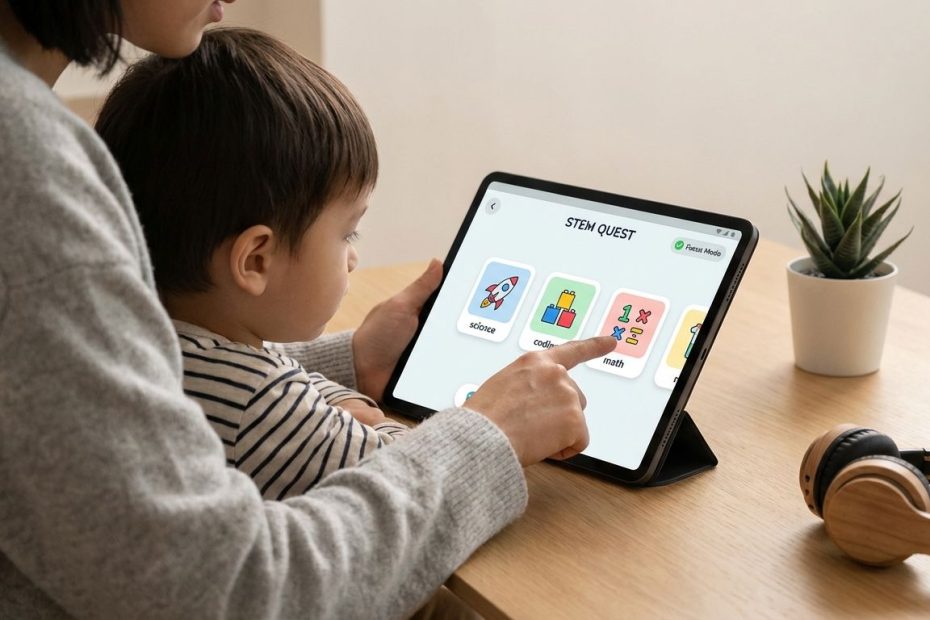 Parent and child using a tablet with gamified STEM learning apps for math, science, and coding.