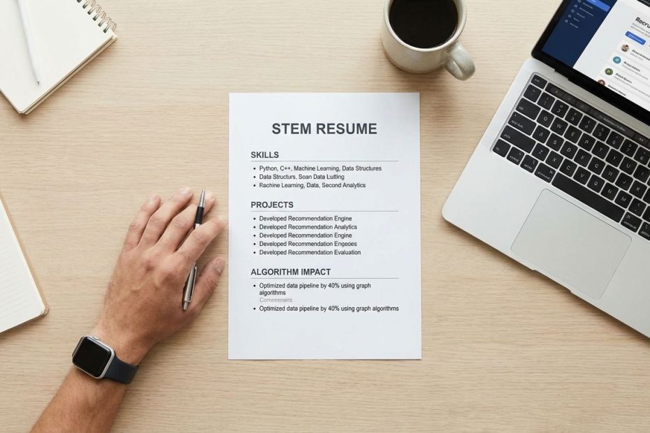 Recruiter reviewing a one-column STEM resume with skills, projects, and metric-led bullets highlighted.