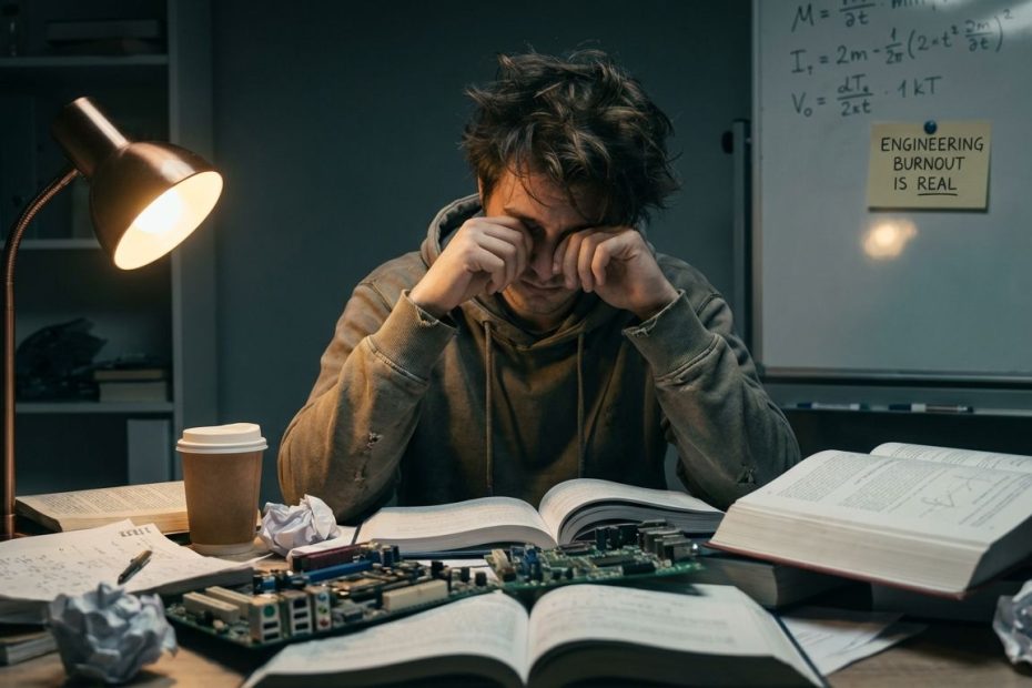 Engineering student at a desk with textbooks and a laptop, looking exhausted while reviewing notes.