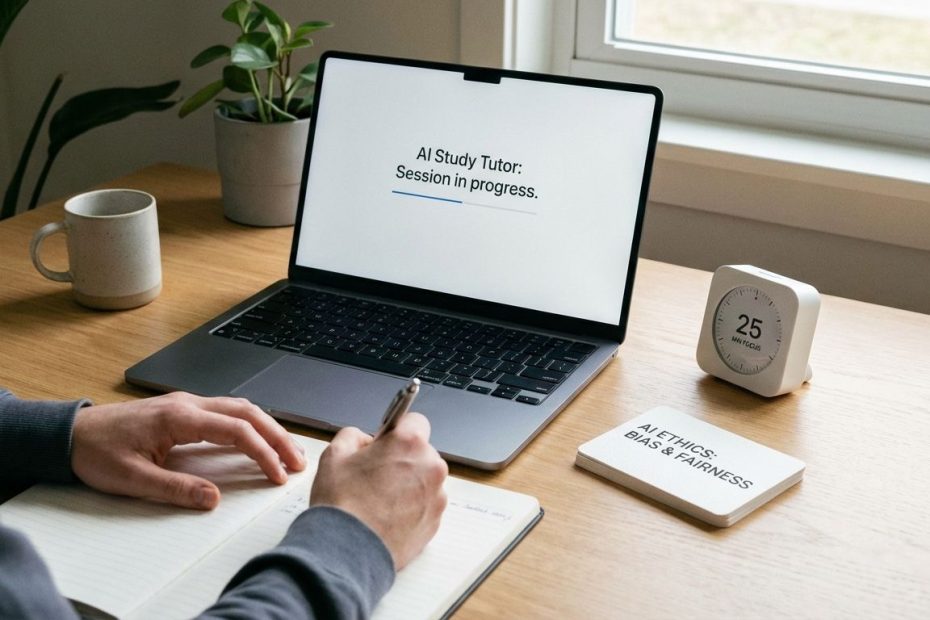 Student using an AI chatbot on a laptop while studying with flashcards and a timer.