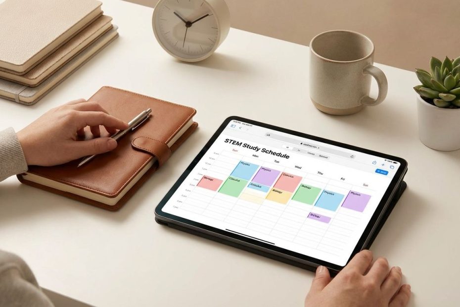 College student planning a STEM study schedule with notes, textbook, and laptop