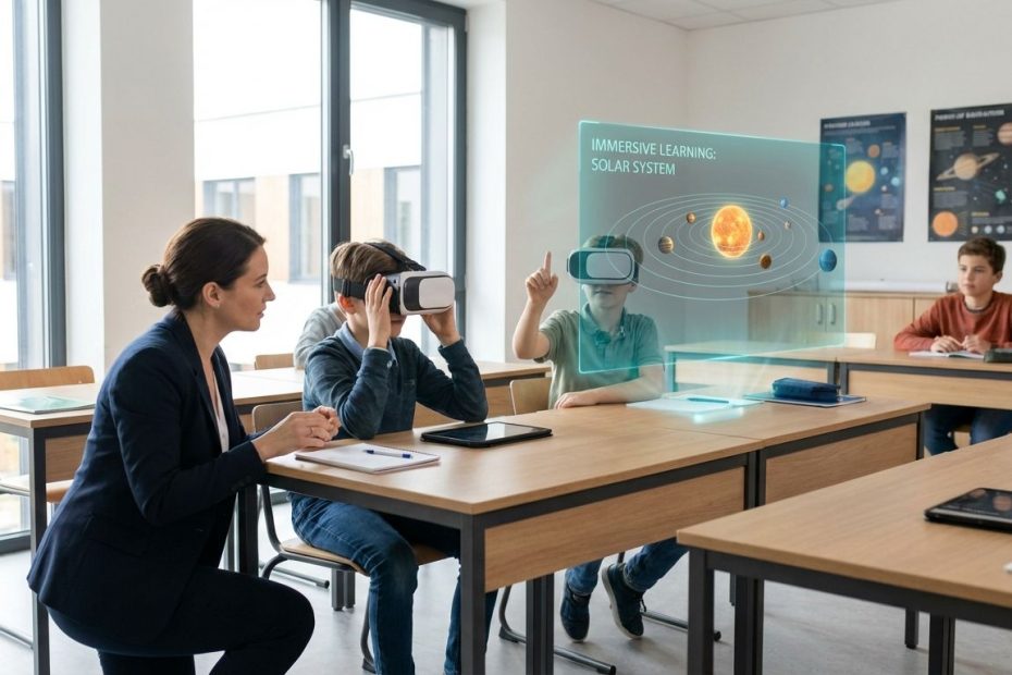 Teacher guiding students using VR headsets and an AR tablet during a classroom lesson