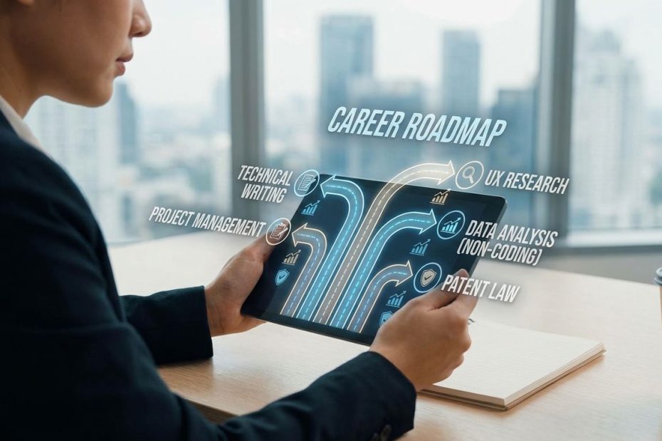 STEM graduate reviewing a career map showing sales engineering, patent examiner, technical writing, operations research, and compliance roles