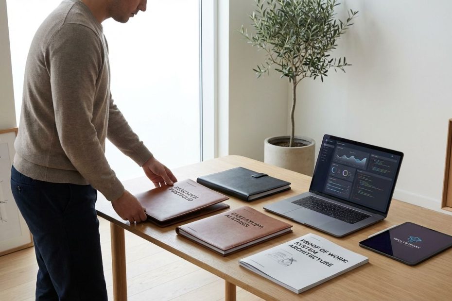 Professional reviewing a tech research portfolio on a laptop with project case studies, charts, and GitHub links