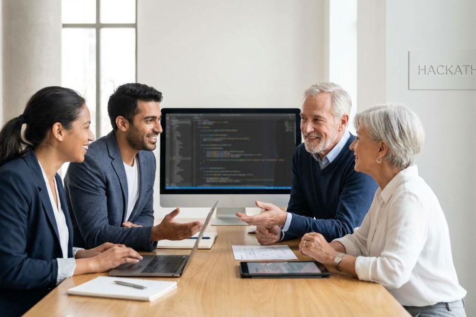 Developer talking with teammates and a mentor at a hackathon while discussing a project demo