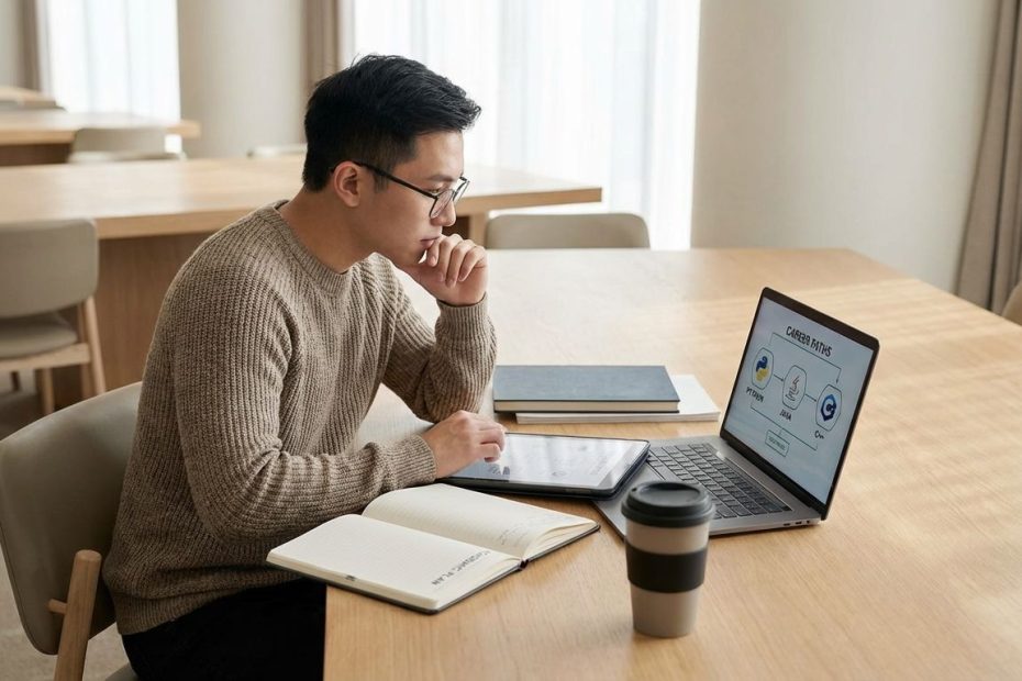 College student choosing a first coding language on a laptop based on their major, including Python, JavaScript, C++, Java, SQL, and R