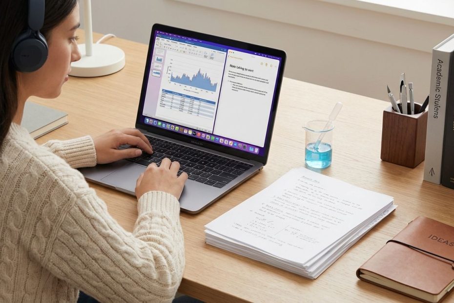STEM student using a laptop to organize research papers, lab notes, and project ideas with digital tools