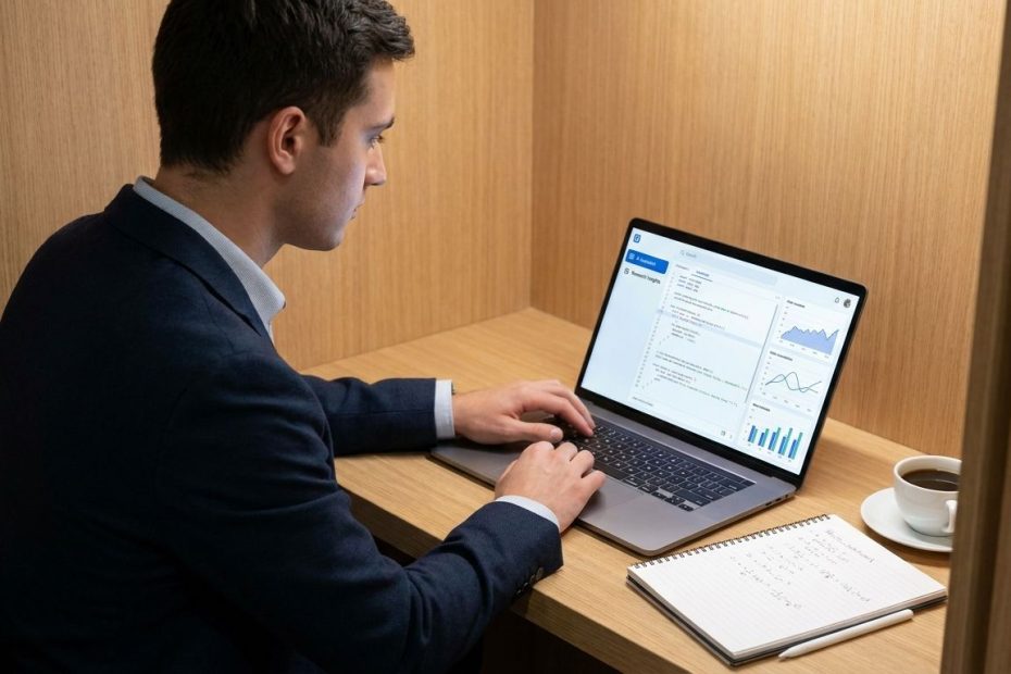 STEM student using AI-powered tools on a laptop to study, code, and research at a desk