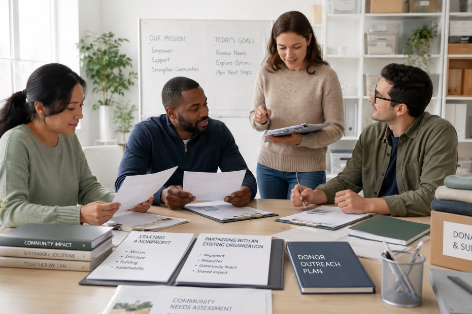 A clean professional image showing nonprofit volunteers reviewing donation plans and partnership documents at a community table.
