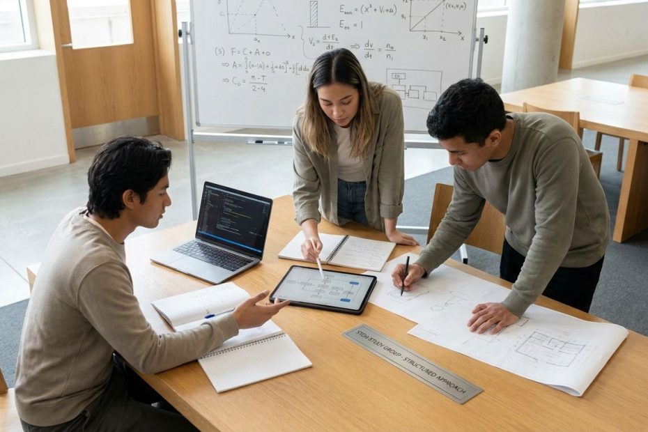 College students in a STEM study group solving problems together at a table with notebooks, textbooks, and a whiteboard