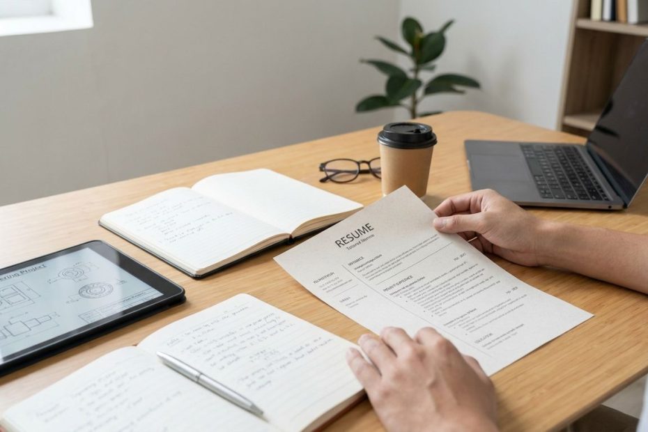College student reviewing a resume and STEM project notes before a job interview