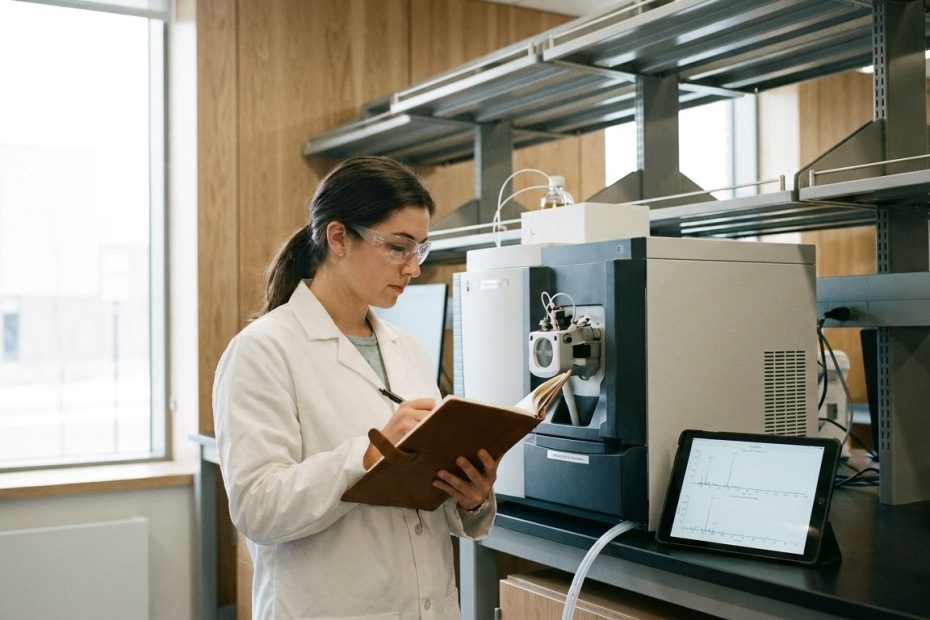 Student in a science lab recording experiment results while working with laboratory equipment