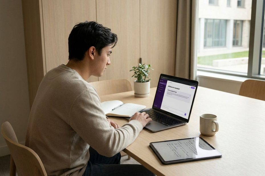 Student reviewing AI-generated notes on a laptop while writing questions in a notebook
