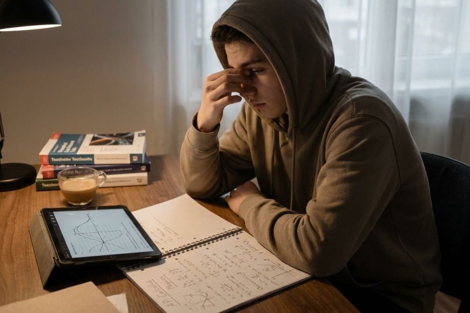 Middle school student looking stressed while studying math and science notes