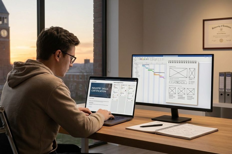 College student working on a laptop while planning career skills before graduation