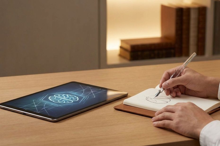 Student using AI on a laptop while writing notes and practicing independently