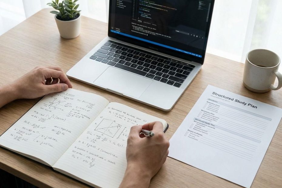 STEM student solving calculus problems with notes and laptop at a study desk