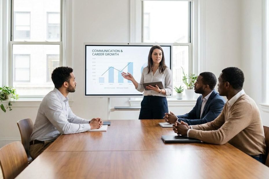 STEM professional explaining data charts to colleagues in a meeting